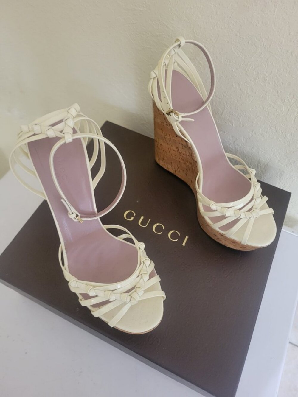 Gucci White Patent Cork Wedges US 8